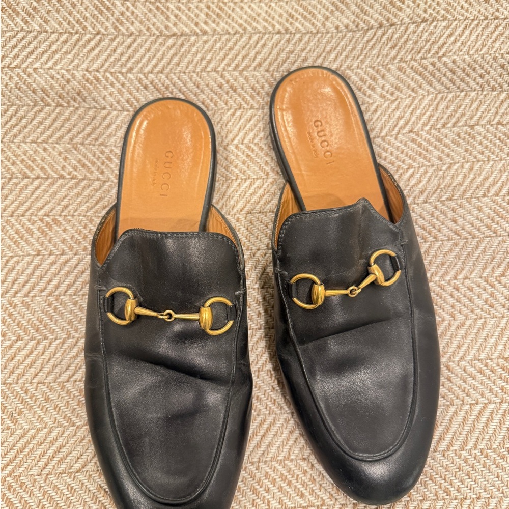 Gucci Black Leather Mules with Gold Detail - Picture 7 of 12
